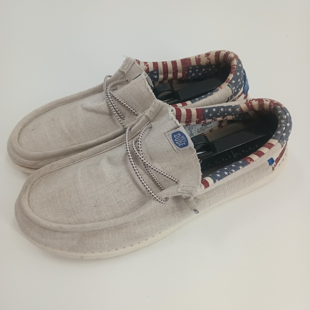 Hey Dude Wally Patriotic Men 11 Cream Linen American Flag Slip On Loafers